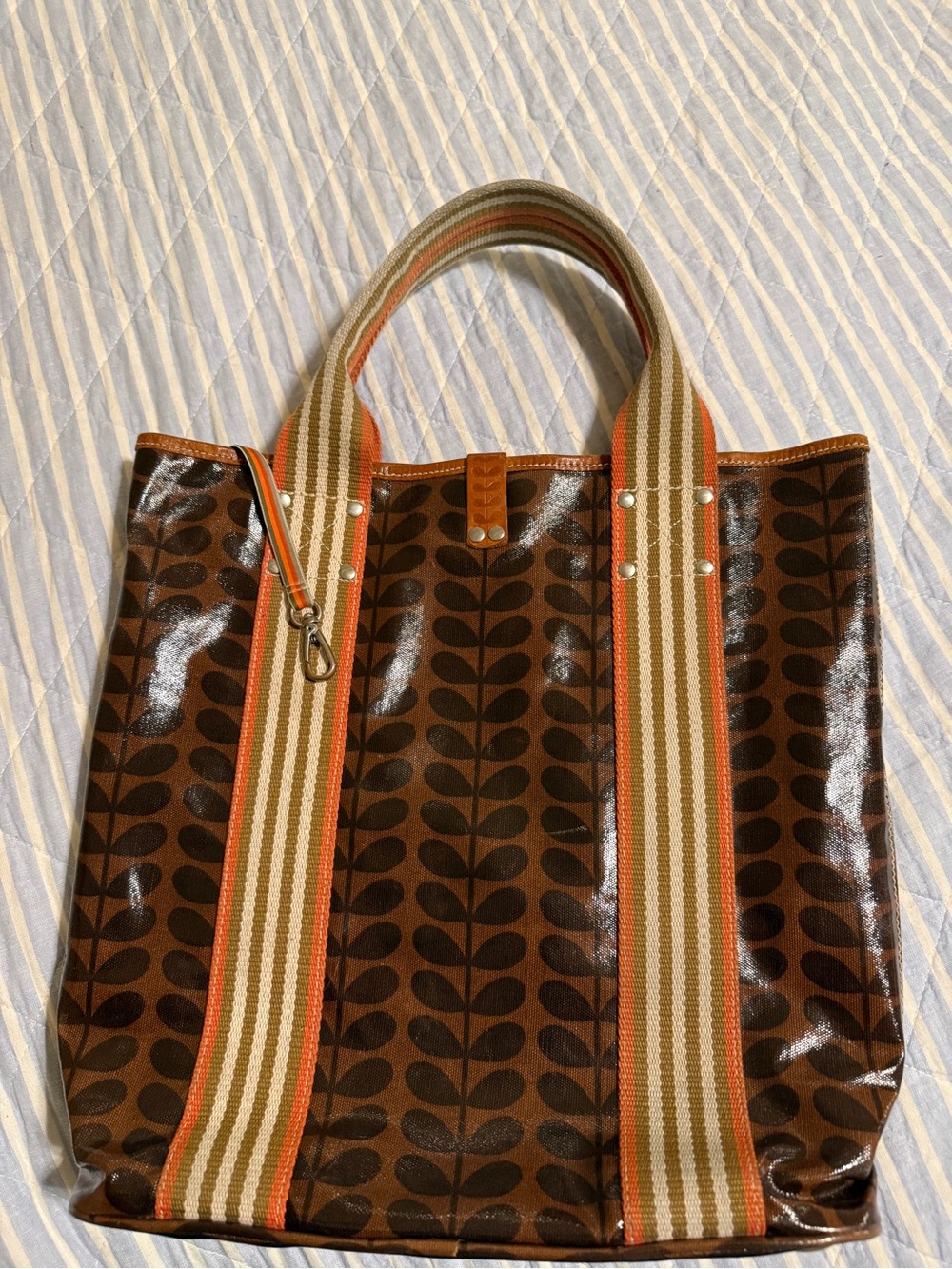 Orla Kiely Brown and Orange Leaf-Print coated Canvas Tote with Striped Handles - Picture 2 of 12